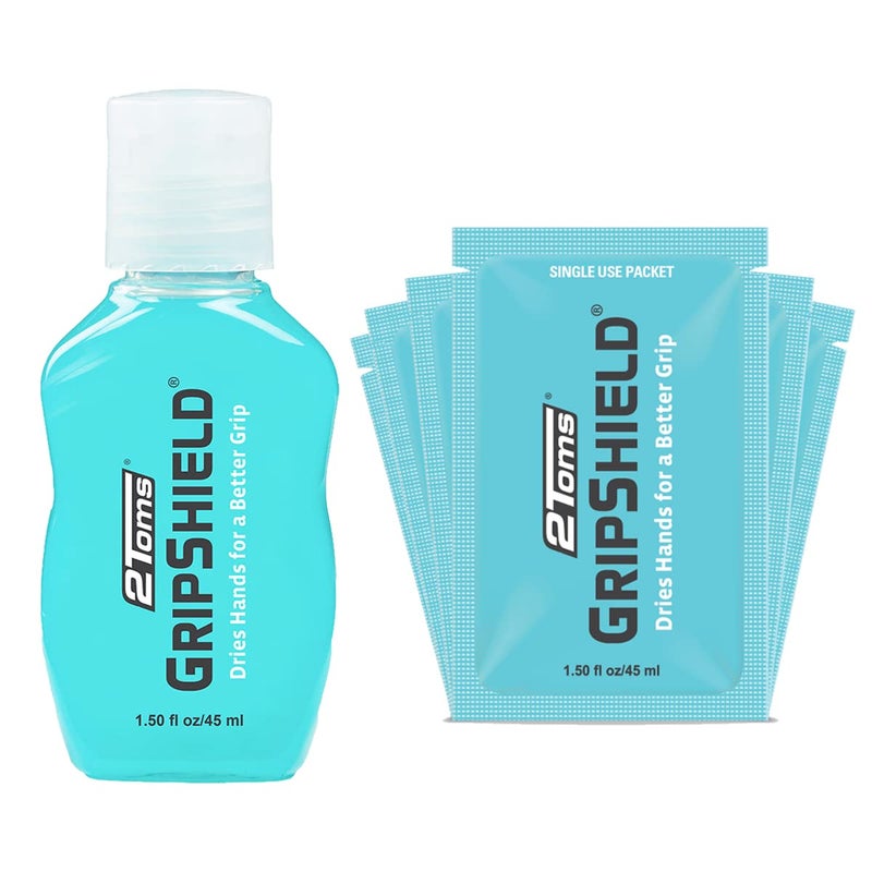 2Toms GripShield, Non-Sticky Grip Enhancer, Dry Grip Solution for Sweaty Hands, Tennis, Pickleball, Golf, Pole Dancing, and Gaming, Combo Pack, 1.5 Ounce Bottle and 6 Single-Use Packets - Image 1